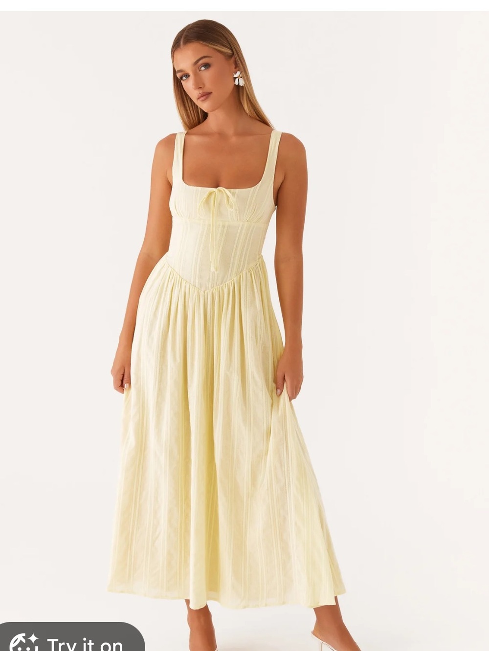 Peppermayo Pale Yellow Midi Dress with Square Neck and Tie Front